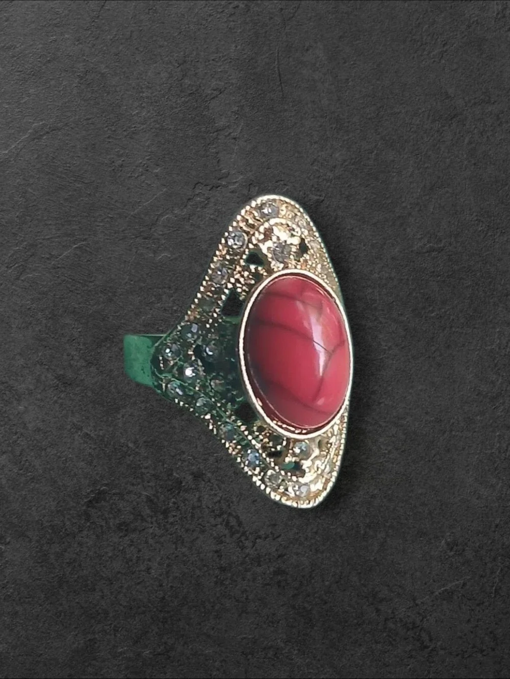 Vintage Gold Tone Filigree Statement Ring with Red Faux Turquoise Cabochon